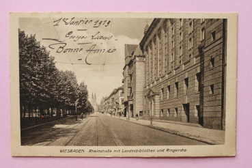 Ansichtskarte AK Wiesbaden 1919 Rheinstraße Landesbibliothek Ringkirche Gleis Straße Architektur Ortsansicht Hessen